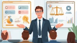 Business consultant presenting a comparison of fidelity bonds versus surety bonds using charts and scales to explain protection and obligations.