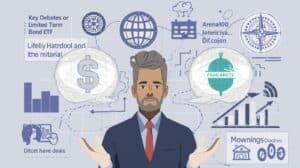 Illustrated businessman weighing dollar sign and globe, symbolizing decision-making about surety bonds versus fidelity bonds.