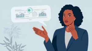 Confident businesswoman explaining bond processes with an infographic display, symbolizing expert guidance.