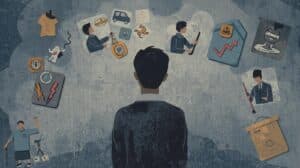 Illustration of a business owner evaluating various risks, including theft, fraud, and liability, symbolizing the importance of janitorial fidelity bond protection.