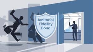 Silhouette figures representing employees with a shield labeled Janitorial Fidelity Bond, symbolizing protection for businesses and client assets.
