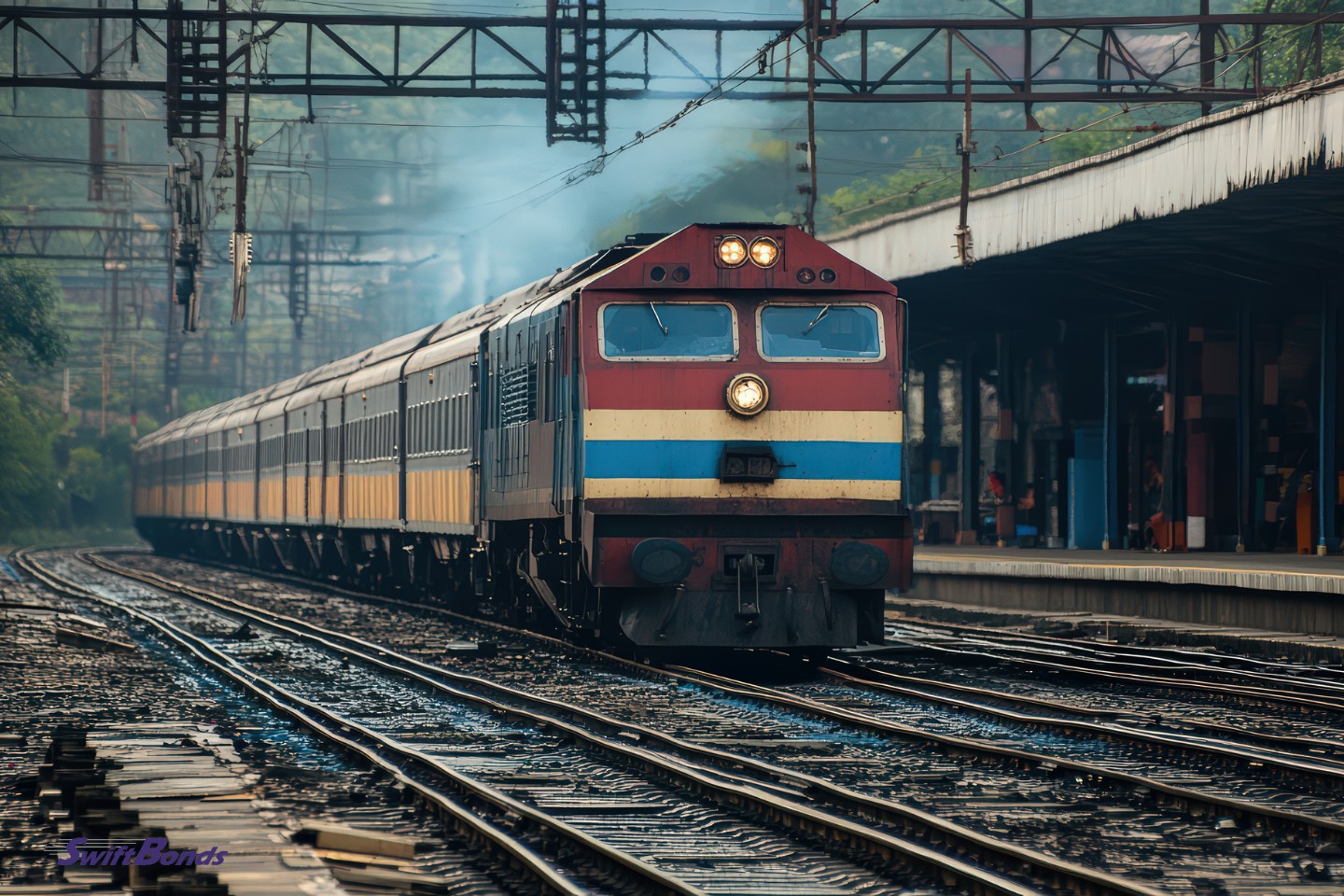 A busy railway platform is approached by a lively passenger train.