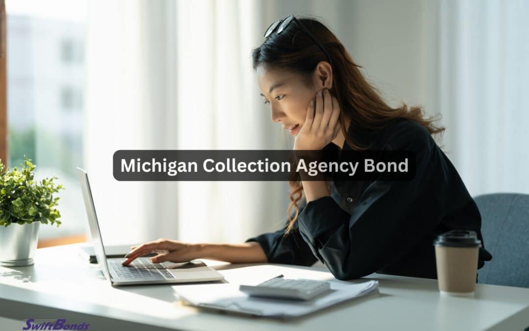 Woman working on Michigan Collection Agency Bond laptop