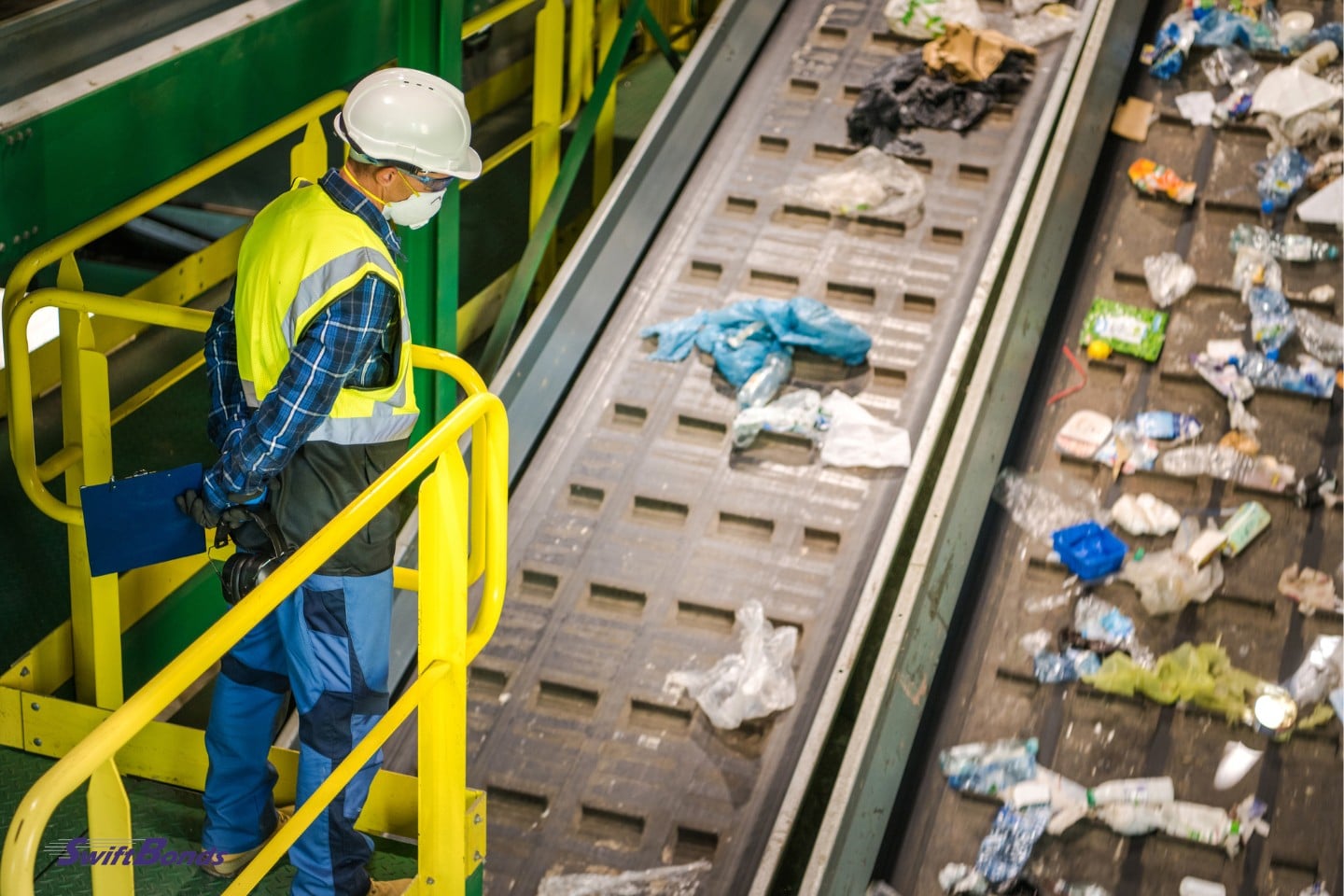Facility management control for waste sorting. The operator of the trash conveyors checks them every day.