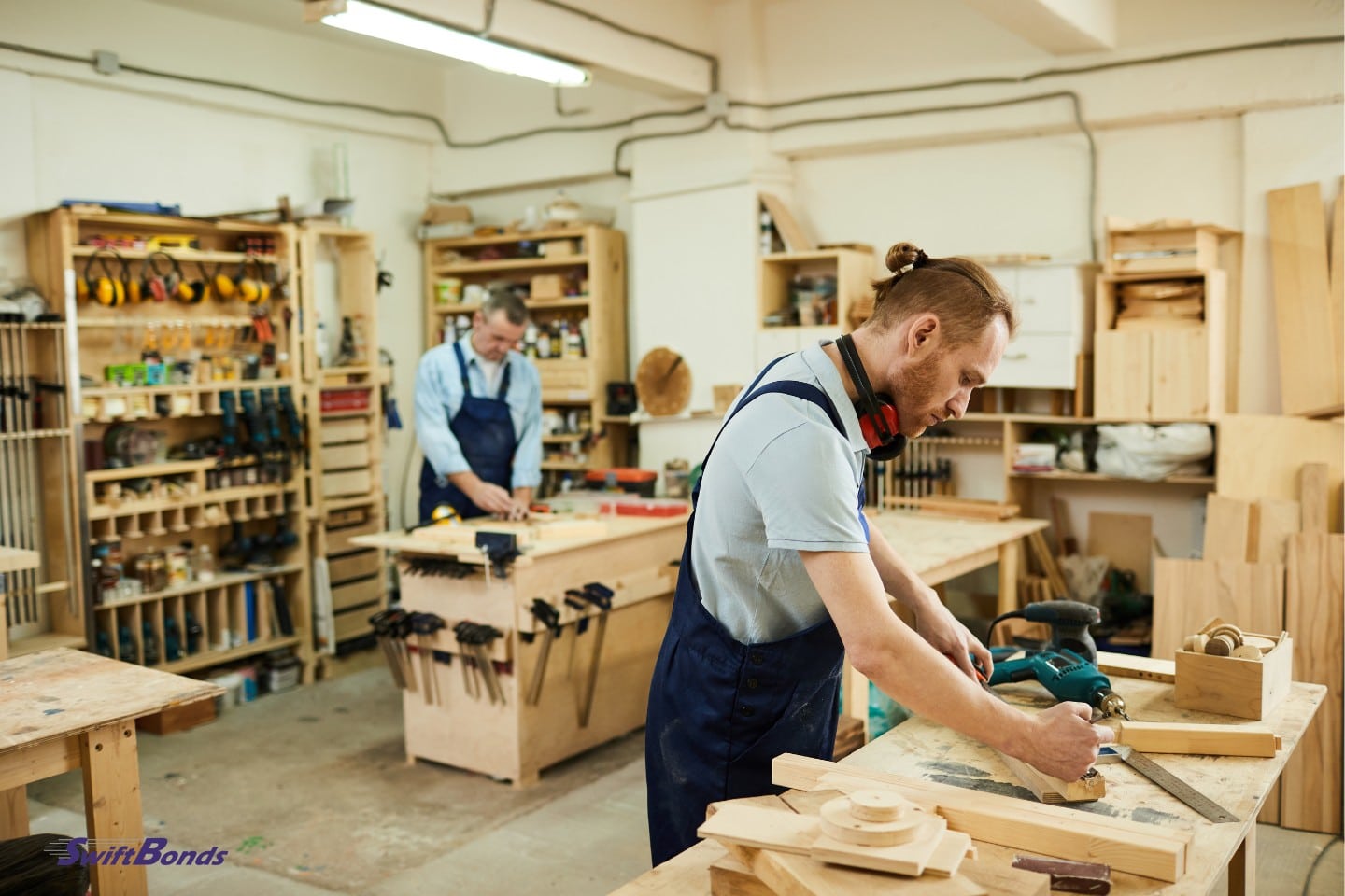 Two carpenters are shown in this portrait standing at tables in a workshop, working with wood.
