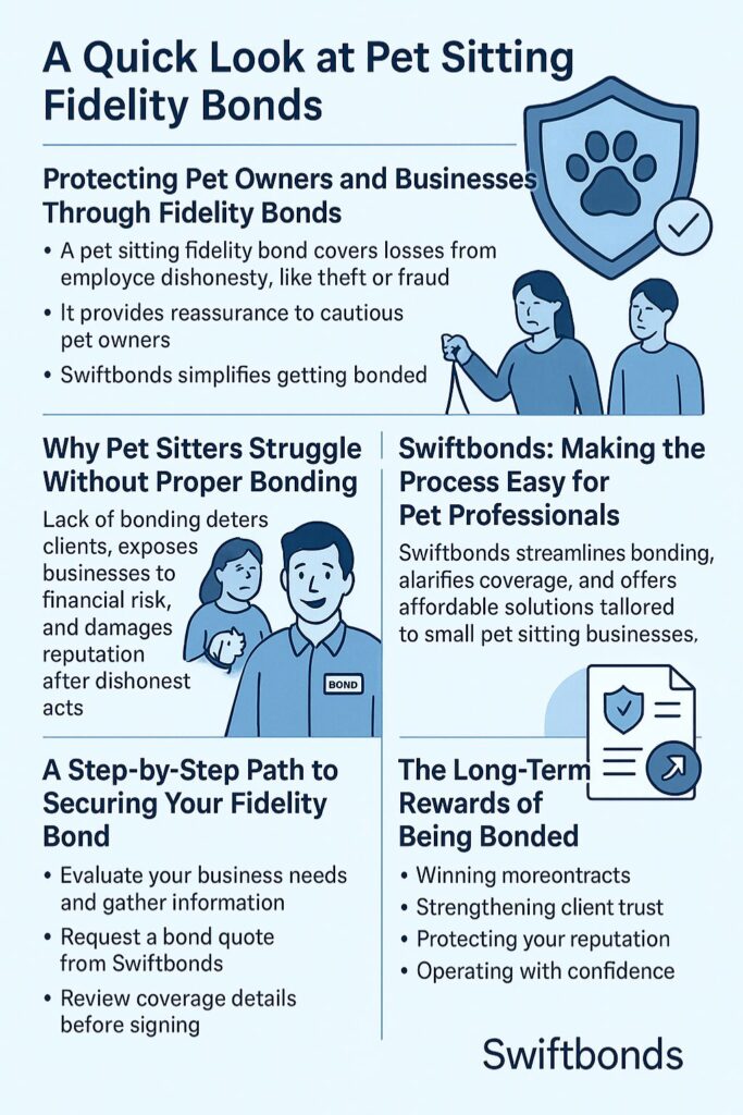 Infographic explaining pet sitting fidelity bonds – A flat-style infographic detailing the benefits, risks, and step-by-step process of securing a pet sitting fidelity bond for pet care businesses.