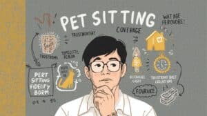 Illustration of pet sitter evaluating fidelity bond coverage – A thoughtful man surrounded by icons representing trust, contracts, money, and pets, highlighting the importance of fidelity bonds in pet sitting.