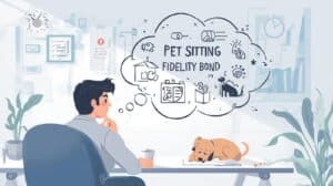An illustration of a man at a desk with a sleeping dog, thinking about bonding requirements and protection for pet sitting services.