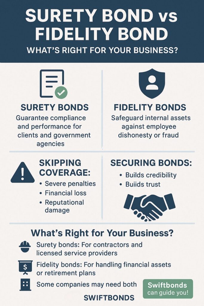 Infographic explaining the differences between surety bonds and fidelity bonds with key benefits.