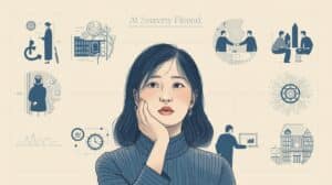 Illustration of a thoughtful businesswoman considering responsibilities in surety and fidelity bonds, surrounded by symbolic icons of obligations and agreements.