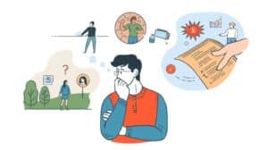 Colorful vector illustration of a businessperson evaluating roles and documents in a surety or fidelity bond agreement, showing decision-making and obligations.