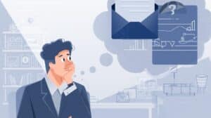 Professional man in a suit sitting at a desk, looking thoughtful with icons of documents and financial charts in speech bubbles.