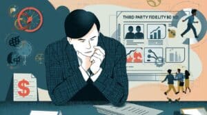Professional man sitting at a desk with large display showing graphs, people icons, and charts labeled “Third Party Fidelity Bond,” suggesting decision-making and compliance.