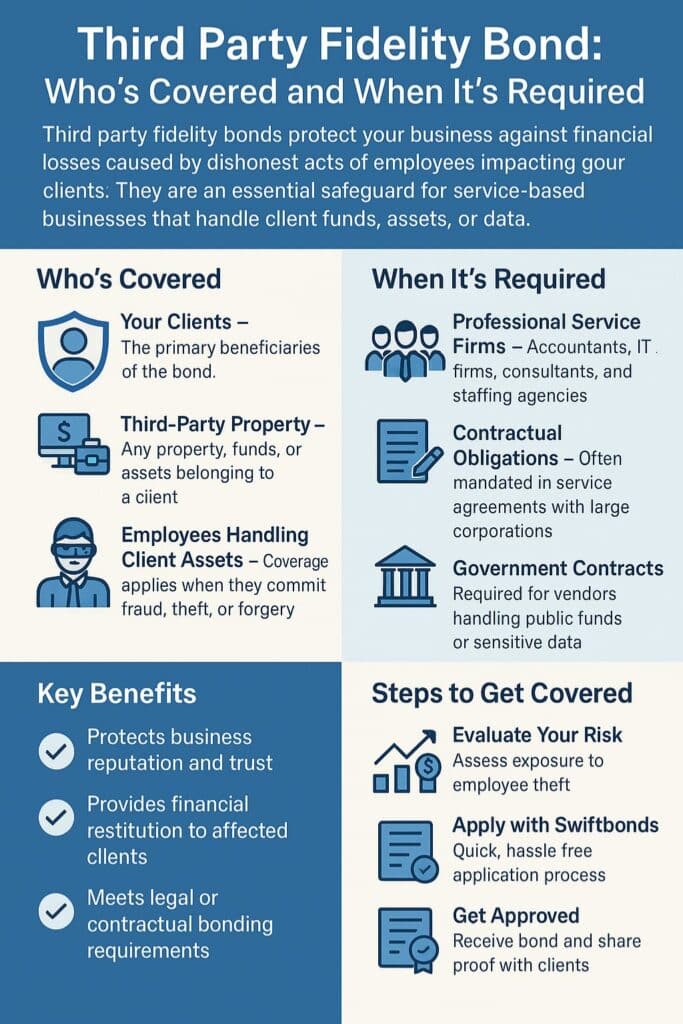 Clean infographic with sections for who’s covered, when it’s required, key benefits, and steps to get bonded, using blue color scheme and icons.