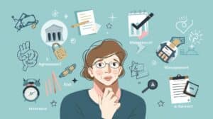 Illustrated person surrounded by icons representing risk, insurance, agreements, and management, symbolizing the role of fidelity bonds.