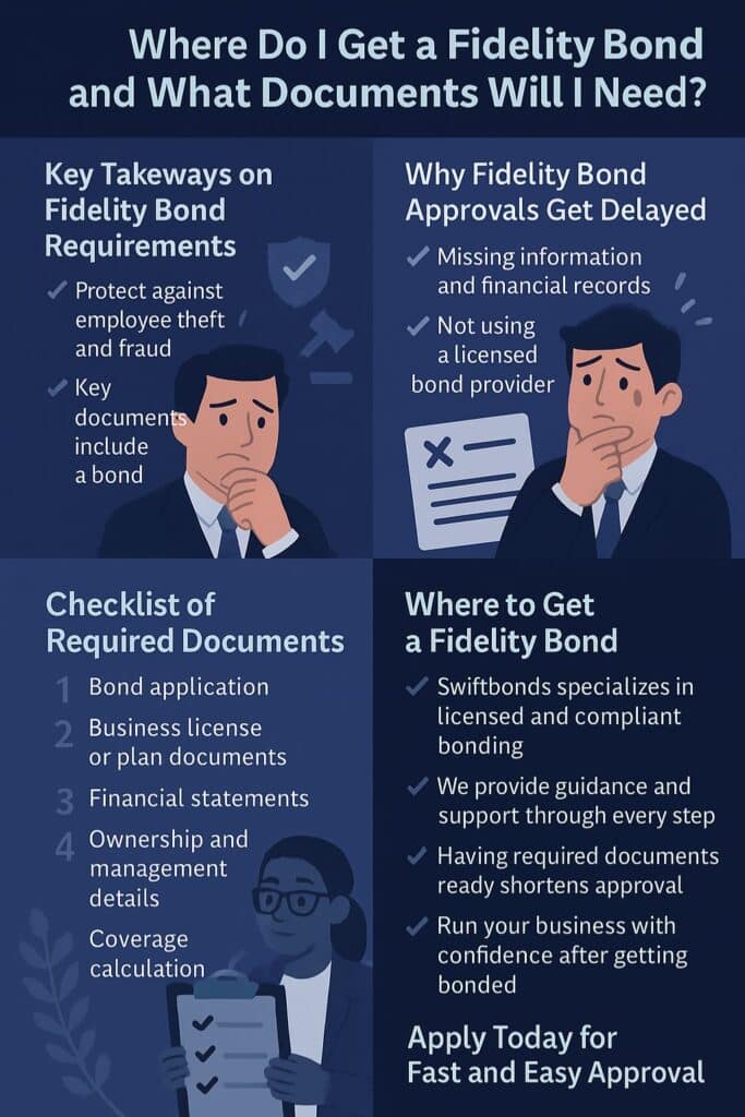 Infographic on where to get a fidelity bond and what documents are required, with sections on requirements, delays, documents checklist, and Swiftbonds support.