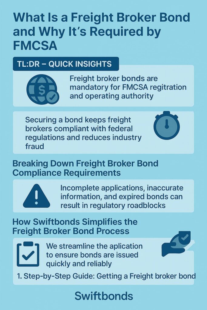 Infographic explaining what a freight broker bond is and why FMCSA requires it, highlighting compliance needs and Swiftbonds’ simplified bond process.