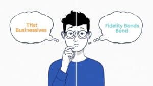 Illustrated man weighing the choice between surety bonds and fidelity bonds.