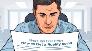 A professional-looking man carefully reviewing a document titled “How to Get a Fidelity Bond: Step-by-Step for First-Timers.”