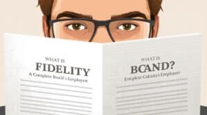 Businessman in office reading a guidebook titled “What Is Fidelity Bond? A Complete Guide for Employers.”