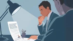 A professional businessman reading a printed document about Alabama Money Transmitter Bond Requirements for Fintech Startups under focused lighting.