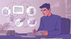 A fintech startup owner writing in a notebook with illustrated icons showing application steps, compliance forms, and growth charts.
