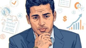 A businessman in a blue suit thoughtfully reviewing financial documents with icons of charts, dollar signs, and compliance checklists in the background.