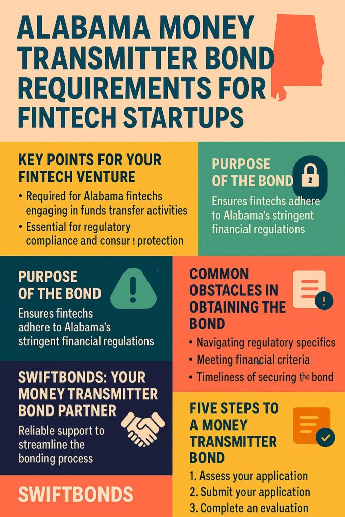 A visually engaging infographic using teal, coral, and gold colors explaining Alabama’s money transmitter bond requirements for fintech startups, including purpose, challenges, steps, and Swiftbonds assistance.