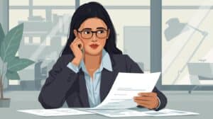 Professional illustration of a businesswoman reviewing financial documents in an office setting, symbolizing the process of applying for the Alaska Money Transmitter Bond