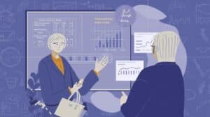 Stylized illustration of professionals analyzing financial charts and transmitter services data, representing the monitoring and compliance process for money transmitter bonds in Alaska.