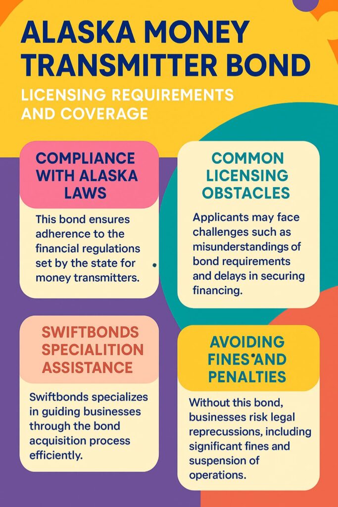 Colorful infographic illustrating Alaska Money Transmitter Bond licensing requirements, highlighting compliance rules, common licensing challenges, Swiftbonds assistance, and penalties for noncompliance.