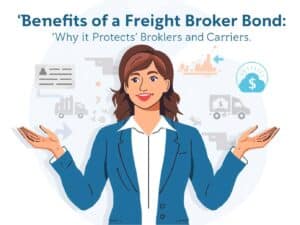 Female freight broker confidently explaining the benefits of a freight broker bond for protecting brokers and carriers, surrounded by logistics and finance icons.