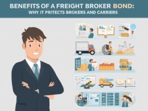 Male freight broker standing confidently with arms crossed next to illustrated logistics icons, representing the wide-ranging benefits of a freight broker bond for transportation businesses.