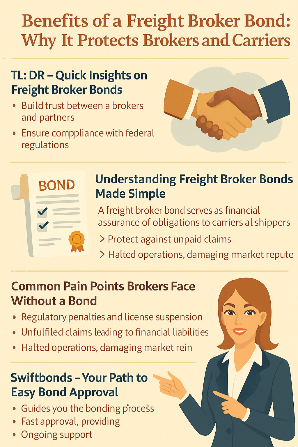 Informative infographic highlighting the benefits of a freight broker bond, explaining trust building, compliance advantages, common pain points, and Swiftbonds’ easy bond approval process.