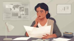 Female professional reviewing janitorial service bond paperwork in an office, emphasizing planning, compliance, and financial responsibility for cleaning companies.