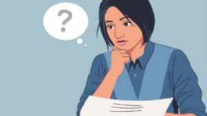 Illustration of a woman holding papers and thinking with a question mark bubble above her head, representing uncertainty about bond credit options or financial approval.