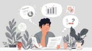 Illustration of a person with glasses examining documents and financial charts, reflecting decision-making and research on affordable surety bond options.