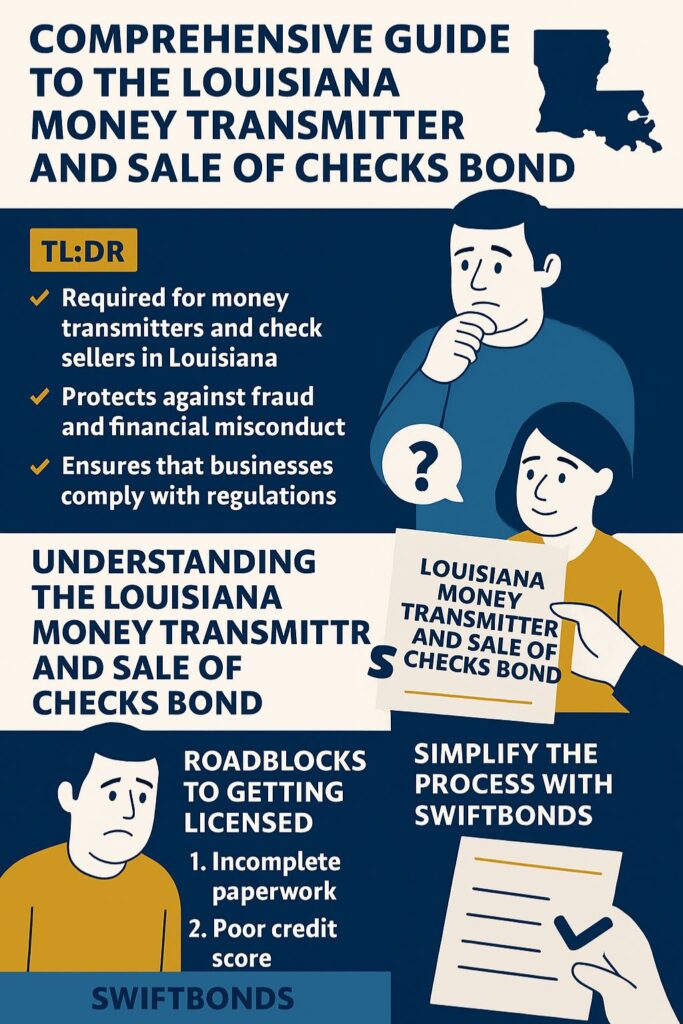A professional infographic titled “Comprehensive Guide to the Louisiana Money Transmitter and Sale of Checks Bond,” featuring blue and gold Louisiana state colors. It outlines TL;DR highlights such as state requirements for money transmitters and check sellers, fraud protection, and compliance. Includes illustrations of business professionals, step-by-step guidance, and the Swiftbonds logo.