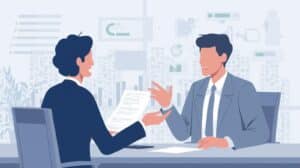 Two business professionals in suits discuss financial documents in a modern office setting, symbolizing expert consultation for low-risk applicants seeking the easiest money transmitter bond credit through Swiftbonds.