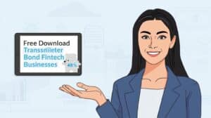 Professional woman holding a tablet showing the text ‘Free Download: Money Transmitter Bond eBook for Fintech Businesses,’ symbolizing easy digital access for fintech professionals.