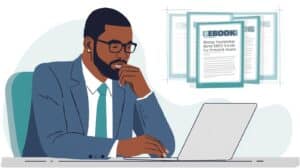 Focused businessman reading about the Money Transmitter Bond eBook on his laptop, surrounded by compliance-themed eBook graphics, highlighting financial licensing preparation.