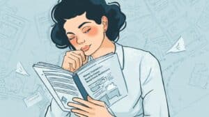 Businesswoman reading the Money Transmitter Bond eBook for Fintech Businesses, illustrating in-depth learning about compliance, bonding, and fintech licensing.
