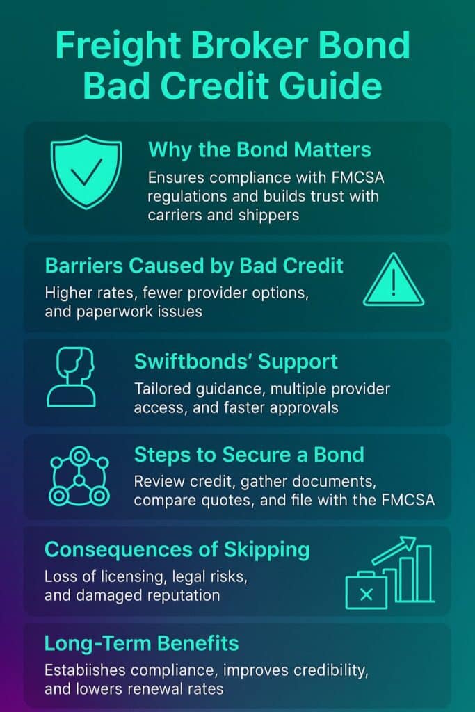 Key points on compliance, barriers of bad credit, Swiftbonds’ support, steps to secure a bond, risks of skipping, and long-term benefits.