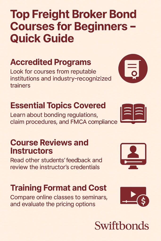 Infographic highlighting the top freight broker bond courses for beginners, including accredited programs, essential topics, course reviews, and training format and cost, presented in wine red tones.