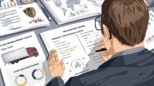 A business professional reviewing printed reports and graphs about freight broker bond insurance costs, coverage, and state risk data.