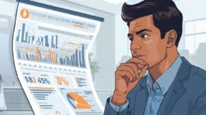 A focused professional examining digital analytics dashboards displaying freight broker bond insurance costs, coverage charts, and financial trends.