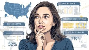 A thoughtful woman reviewing state-by-state freight broker bond insurance costs, coverage conditions, and risk assessment data displayed on illustrated charts and maps.