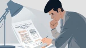 Man reviewing freight broker bond price guide document at a desk, highlighting cost factors and legal requirements under a focused lamp.