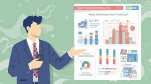 Businessman presenting an illustrated freight broker bond price breakdown with charts, graphs, and percentage figures on a green background.