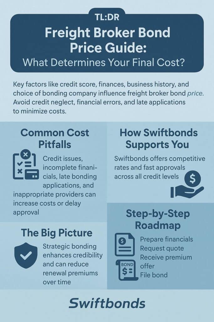 Winter-themed infographic explaining factors that influence freight broker bond price, including credit, financials, business history, provider choice, and Swiftbonds’ support with a clear step-by-step roadmap.